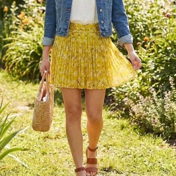 American Eagle Outfitters Dresses & Skirts - American Eagle Outfitters Chic Yellow Floral Feminine Pleated Mini Skirt, 0/XS